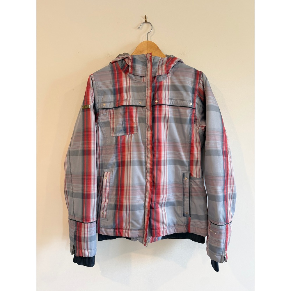 686 Acc Michael Akira West Womens Plaid Snowboard Jacket Red Grey Hooded Medium